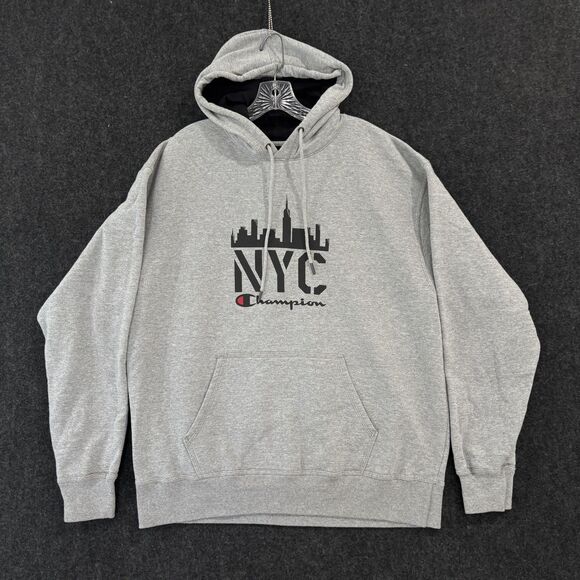Champion Hoodie Mens XL Gray NYC Skyline Pullover Sweatshirt Athletic Streetwear - Picture 1 of 8